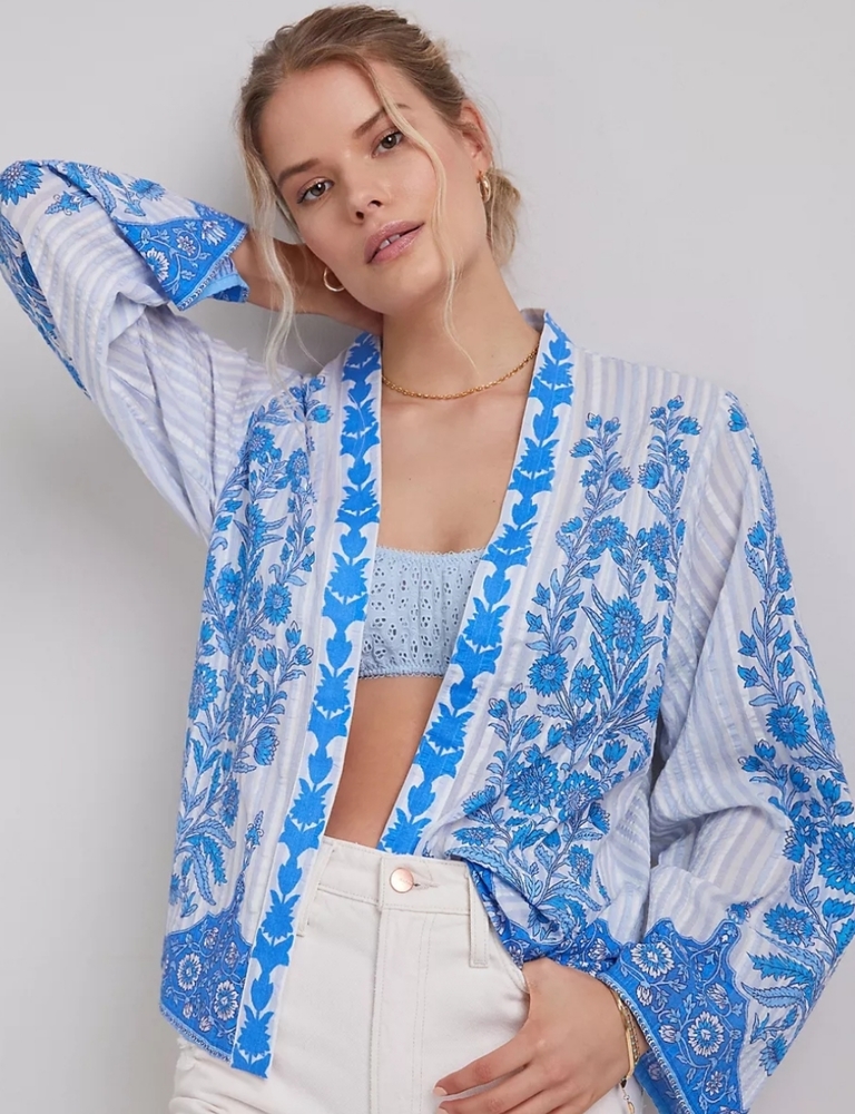 Anthropologie blue & white cropped kimono